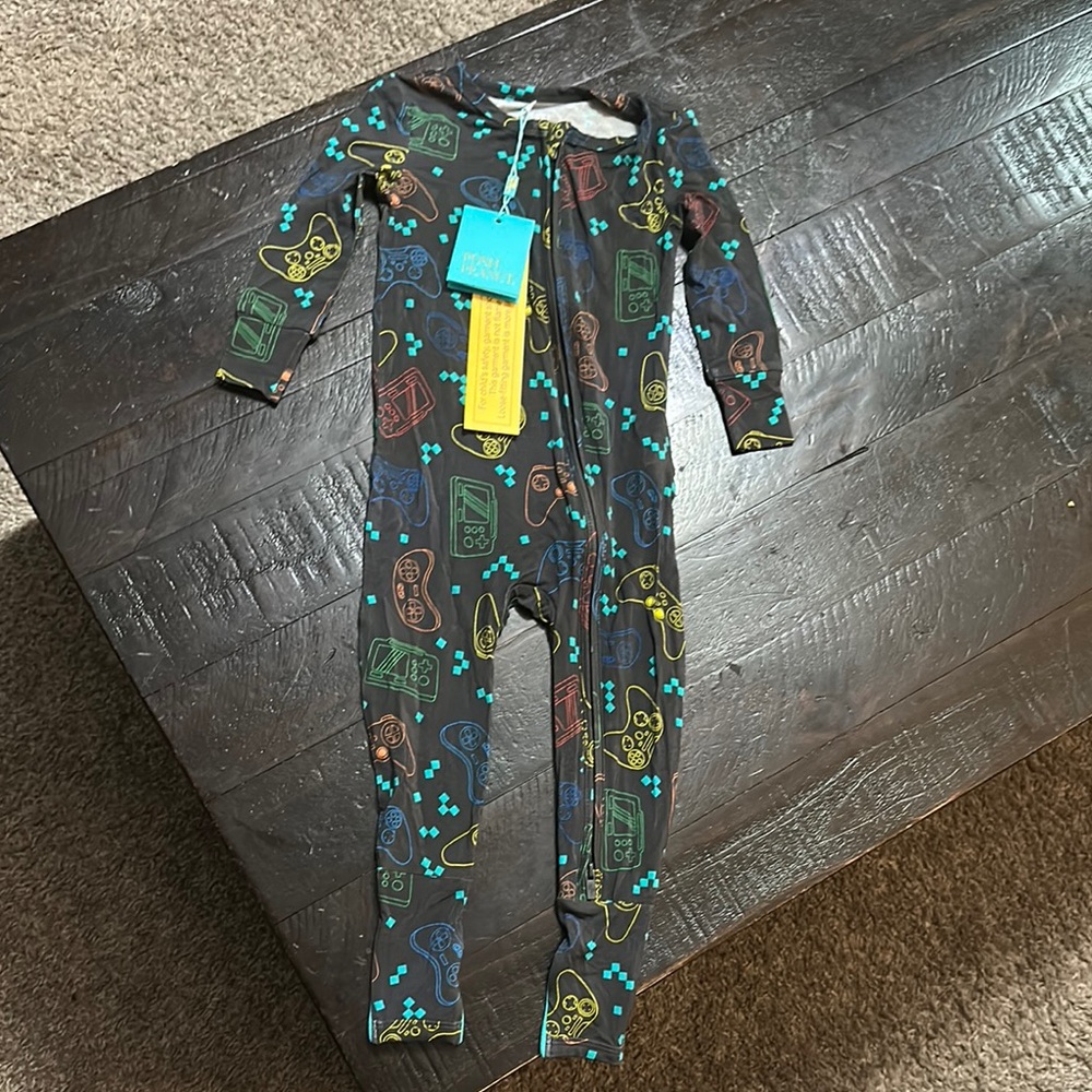 Posh Peanut Black and Blue Dinosaur Footies One Piece